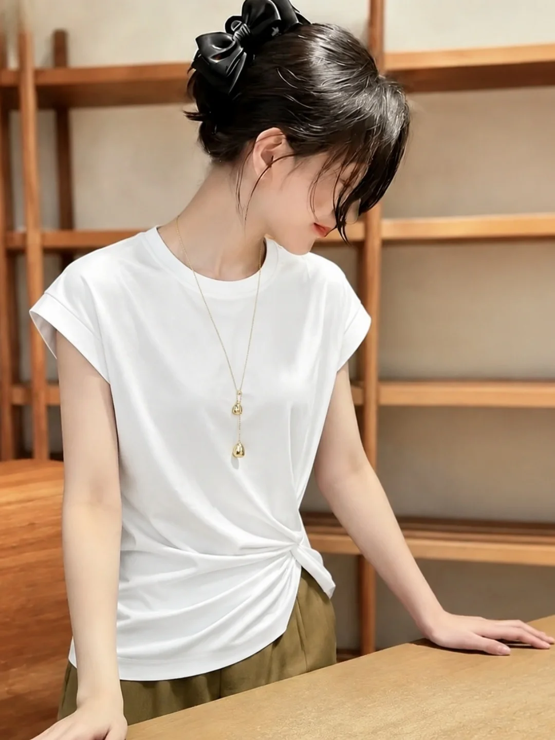 

Pure Color Knot Design Short Sleeve Slim Fit Comfortable T-Shirt Summer Soft Versatile Top Matching Korean Style round Neck