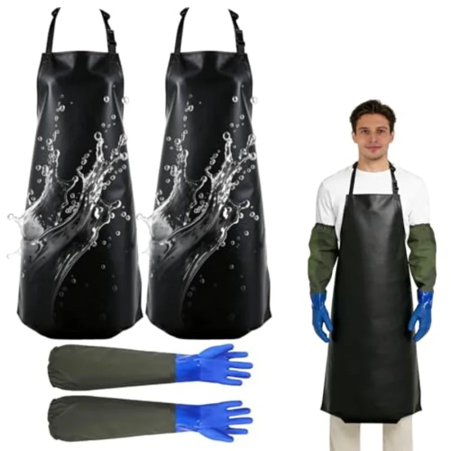 

2 Pack Waterproof Rubber Vinyl Apron 40 Inch with 1 Pair Chemical Resistant Rubber Gloves 22 Inch Heavy Duty Adjustable Dishwas