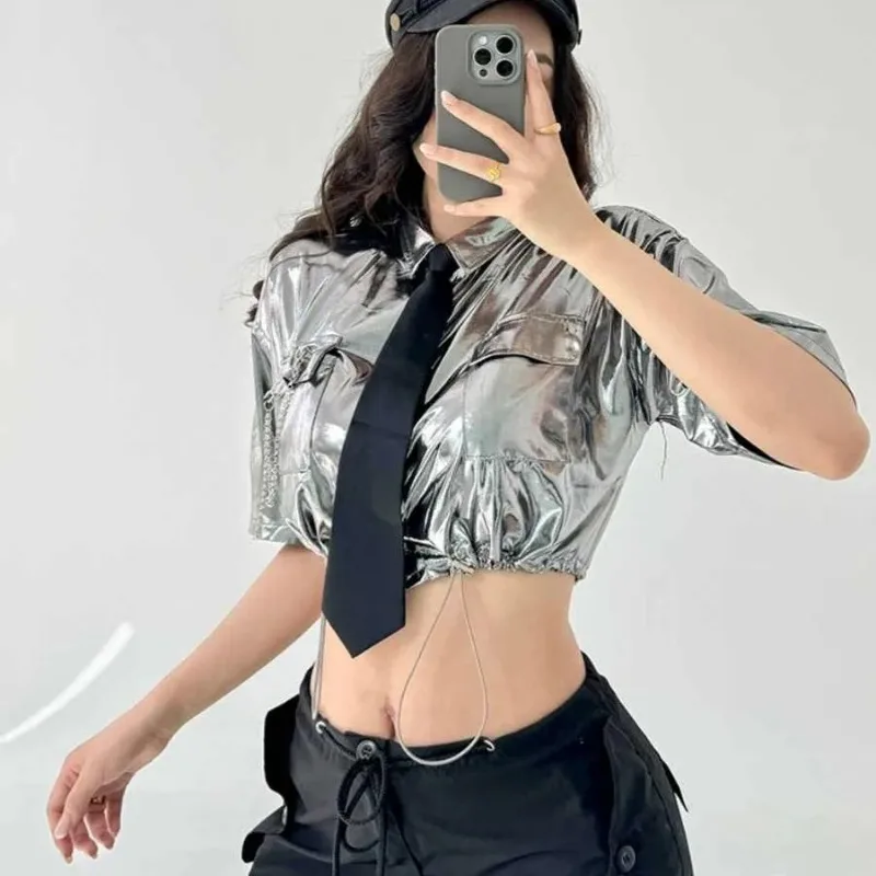 

Women's Metallic Silver Crop Top Shiny Short Sleeve Button Down Shirt with Tie Detail Streetwear