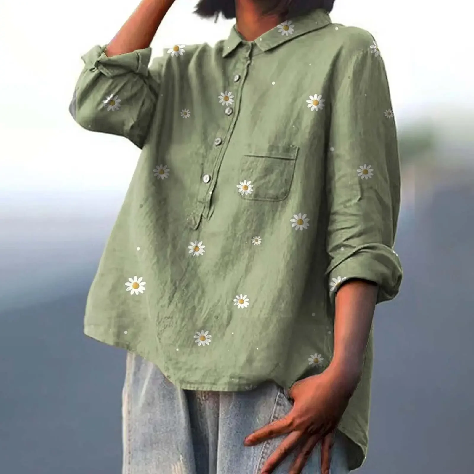 

2025 European and American style autumn new long-sleeved Chinese style bamboo joint hemp printing fashion versatile lapel shirt