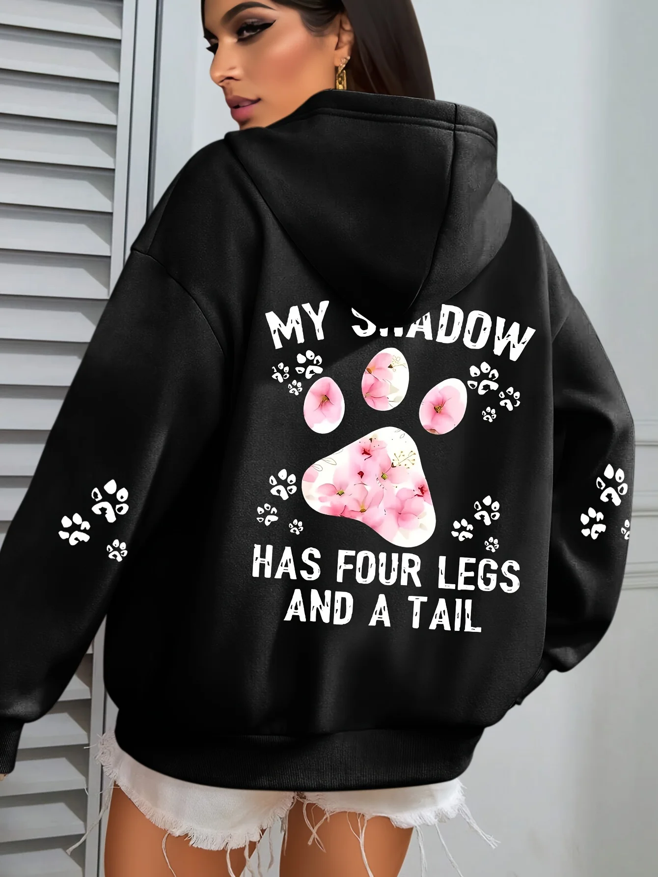 My Shadow Has Four Legs And A Tail Print Hooded Women Fleece Warm Hoodies Hip Hop Round Neck Hoodie Fashion Casual Tops Woman