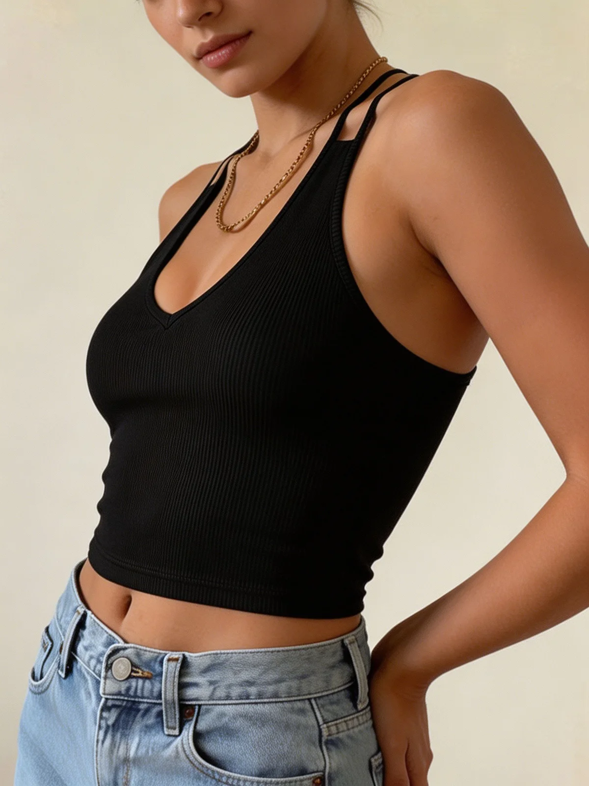 Chic V Neck Double Strap Ribbe - Tank Top Ribbed ulasan dan harga