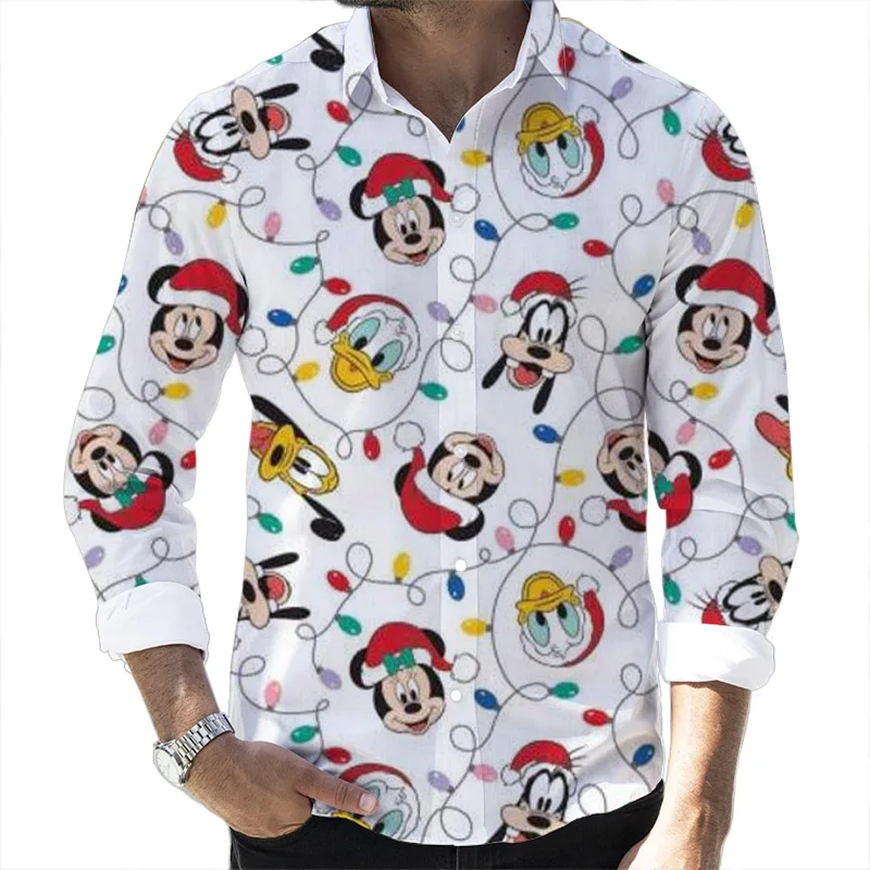 New Christmas Fall Fashion Popular Disney Brand Donald Duck and Mickey 3D Printed Long Sleeve Lapel Shirt Slim Fit Men\'s Top y2k