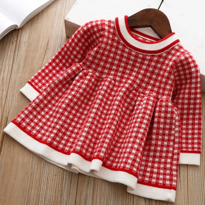 Autumn and Winter Girls' New Checkered Printed Long Sleeve Color Blocked Sweet and Cute Fashion Warm Mini Woolen Dress