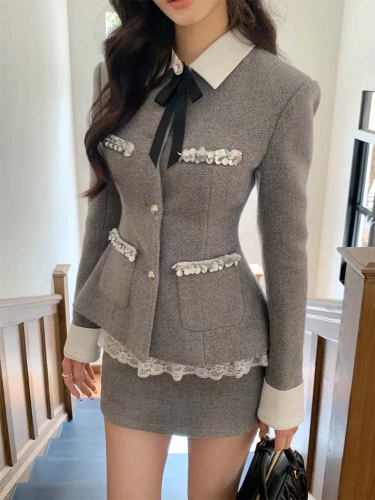 

Элегантный сладкий комплект из 2 предметов, женское модное лоскутное кружевное пальто на пуговицах, топы Y2k, мини-юбка, корейская одежда, женская осенняя шикарная новинка