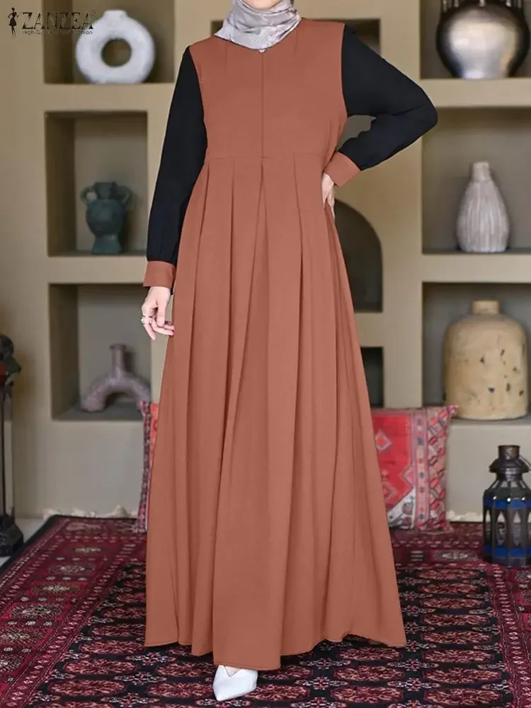 ZANZEA Ramadan Muslim Abaya Dress Dubai Hijab Dresses Women Autumn Long Sleeve Patchwork Vestido Pleated Sundress IsIamic Robe