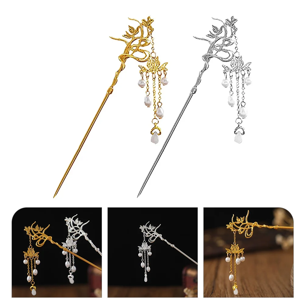 2 Pcs Hairpin Dangle Sticks Bun Holder Wedding Chinese Pearls Tassel for Buns Long Accessories