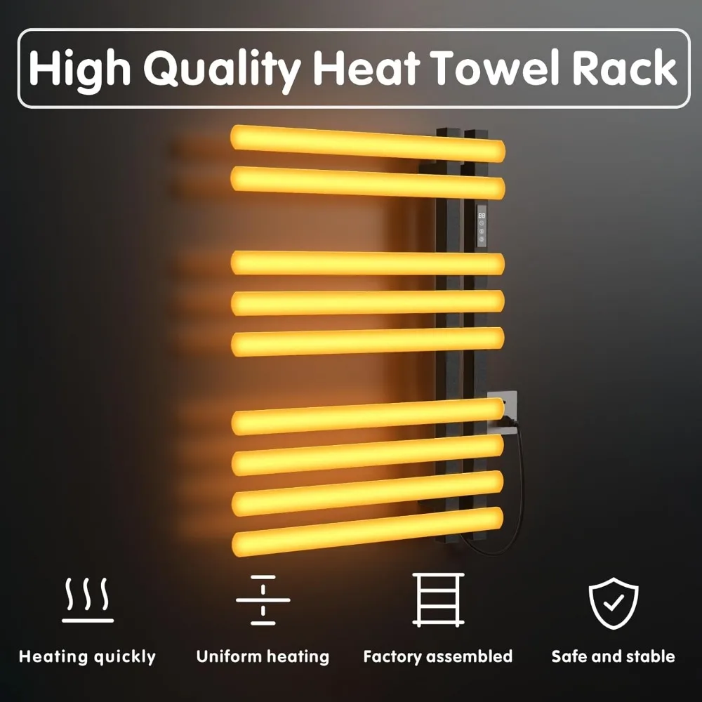 Towel Warmer Rack, 9-Bar Heated Towel Racks - Waterproof Wall Mounted Towel Warmers with Timed & Temperature Controller, Black