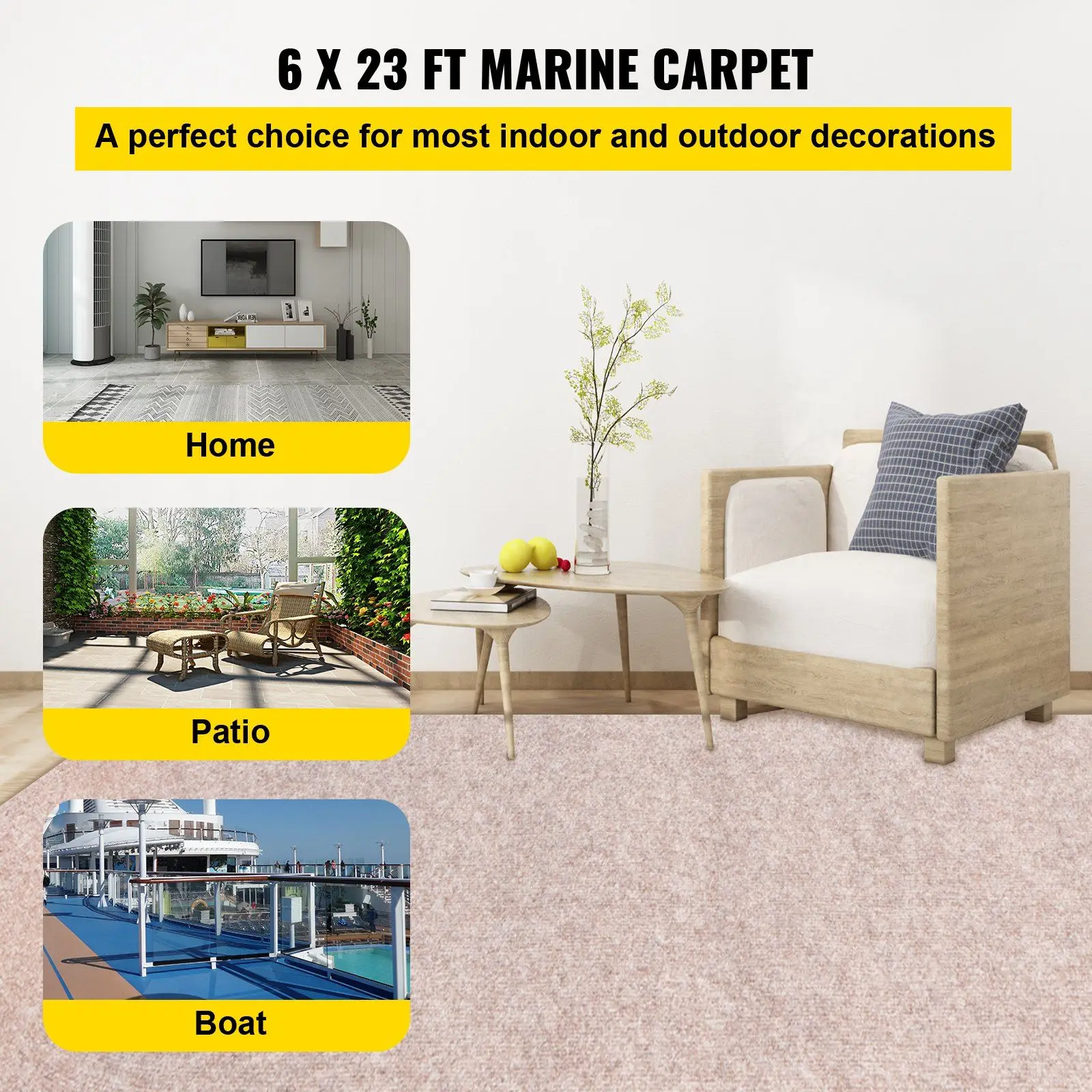 Boat Carpet, 6 Ft X 23 Ft Marine Carpet for Boats, Waterproof Light Brown Carpet with Marine Backing Anti-Slide Marine Grade