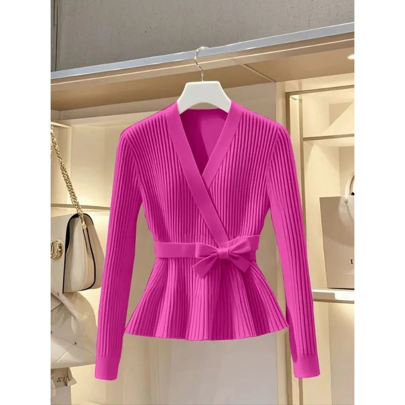 

Розовый вязаный топ с бантом в ленивом стиле, осень-зима 2022, новый модный темпераментный универсальный свитер, куртка для женщин