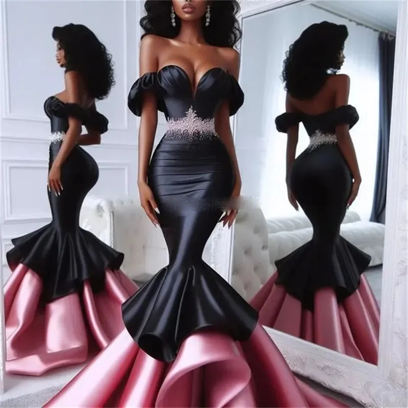 2 Colors Peplumn Appliques Lace African Bead Mermaid Evening Dress Vintage Black Pink Prom Dresses Satin Birthday Day Wear
