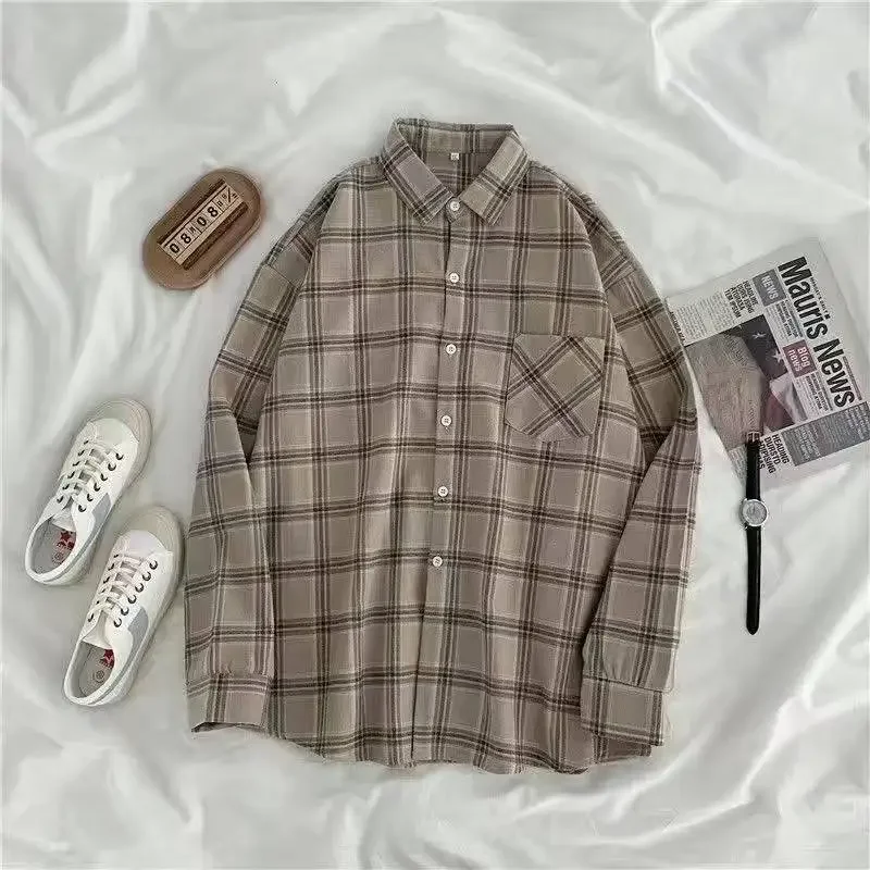 Vintage Plaid Shirts Women Autumn Long Sleeve Oversize Button Up Shirt Korean Fashion Casual Fall Outwear Tops Blusas Mujer 2023