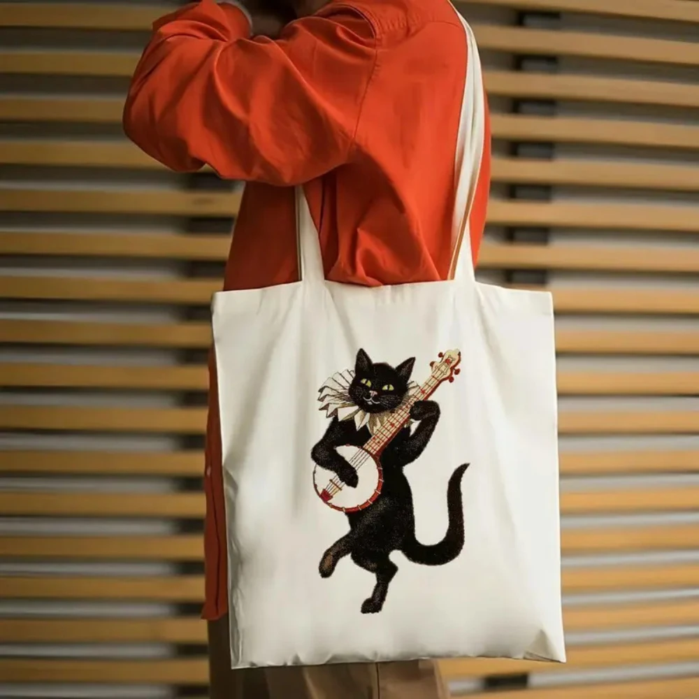 

Vintage Black Cat Playing Banjo Print Canvas Tote Bag Shoulder Bag Whimsical Music Lover Gift for Everyday Carry & Casual Outing