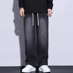 Korean Trendy Autumn Casual Black Jeans Men Solid Elastic Waist Pocket Drawstring Fashion Versatile Straight Wide Leg Trousers
