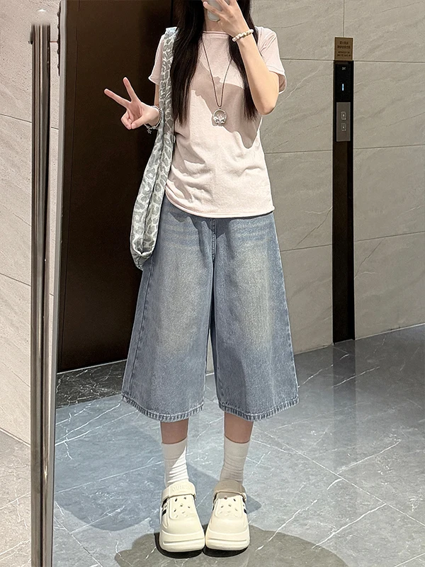 High Waist Wide Leg Seven-Five Jeans Women's Light Color Summer New plus Size Loose Straight Leg Pants for Pear Shaped Body