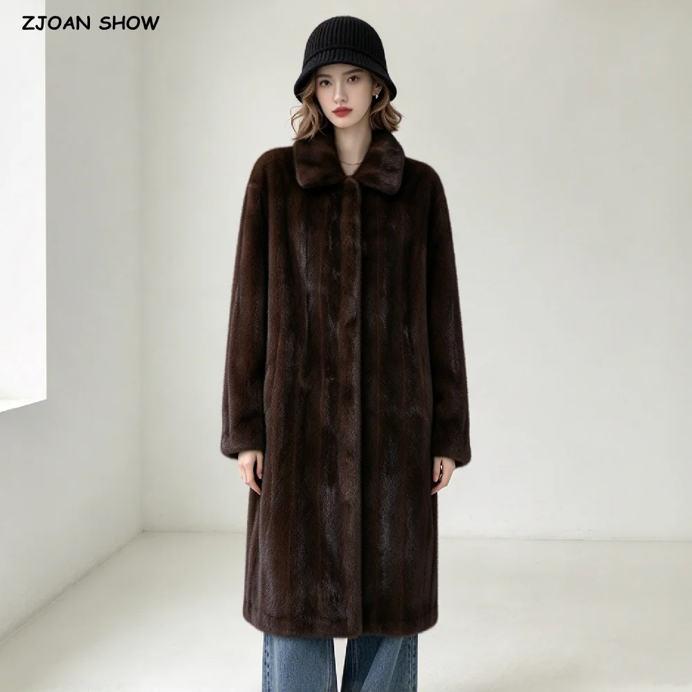 Winter Women Vintage Dark Brown Faux Mink Fur Coat Lapel Collar Covered Buttons Straight Loose Long Outerwear