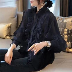 Fashion Solid Color Spliced Lace Embroidery Ruffles Shirts Women's Clothing 2023 Autumn Loose Casual Tops Lantern Sleeve Blouses