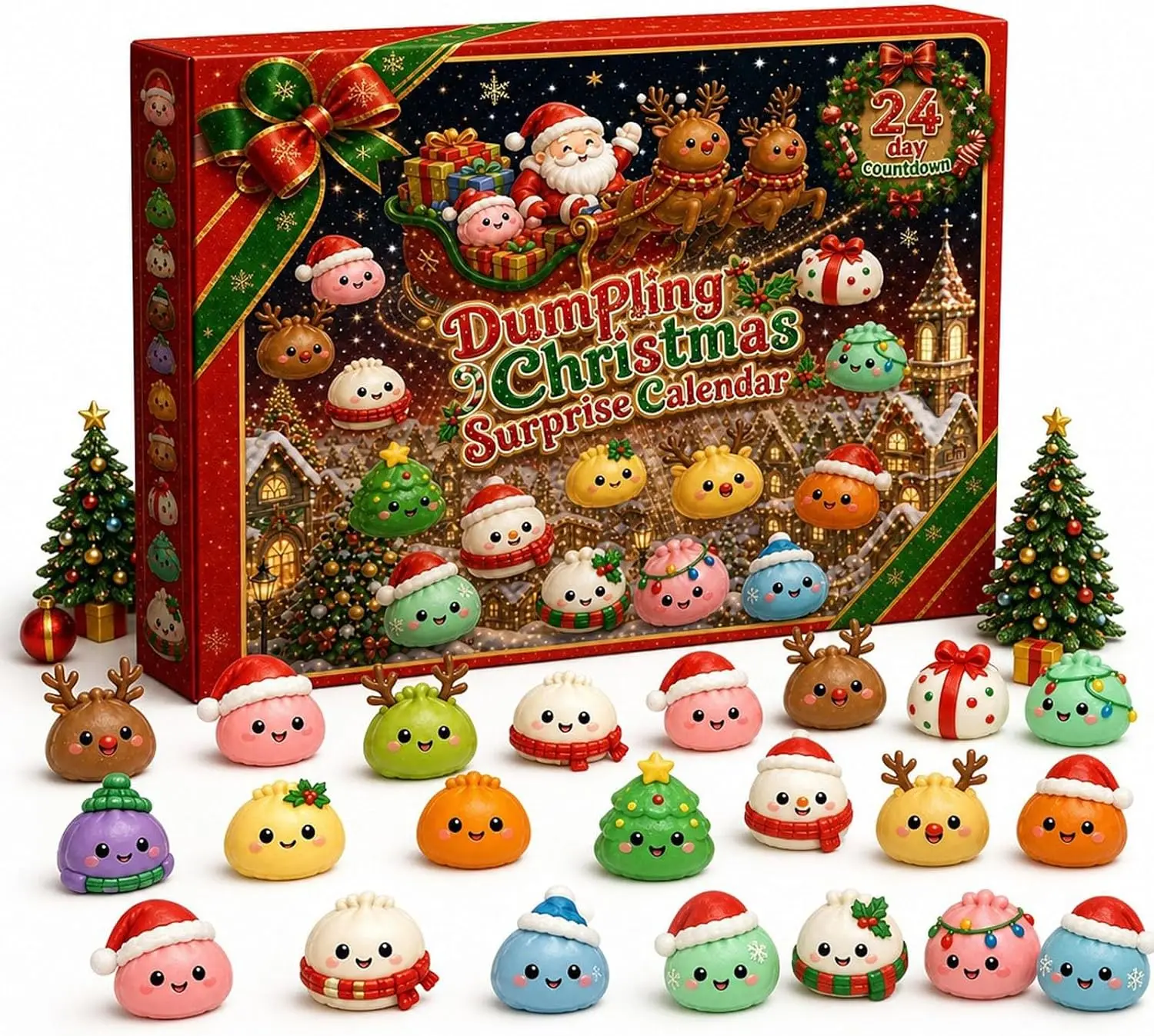 Świąteczny Kalendarz Adwentowy z Squishy'ami, 24-dniowe odliczanie, Pudełko Niespodzianek, Squishy w Kształcie Pierogów, Wielokrotnego Użytku, Sensoryczny Prezent Dekoracyjny