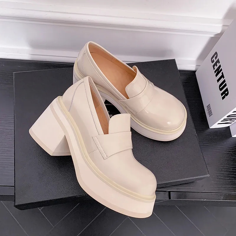 

MKKHOU Fashion Pumps New High Quality True Leather Round Head High Heel Thick Sole Loafers Lolita Style Modern Women's Shoes