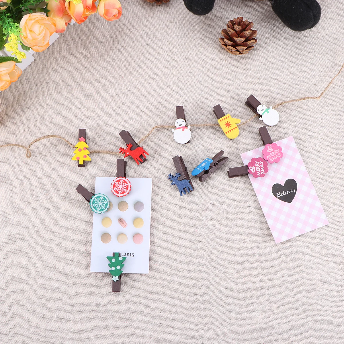 

12Pcs Christmas Mini Clothespins Natural Wooden Photo Clips Multipurpose for Hanging Photos Crafts Cards Decoration Paper Pegs