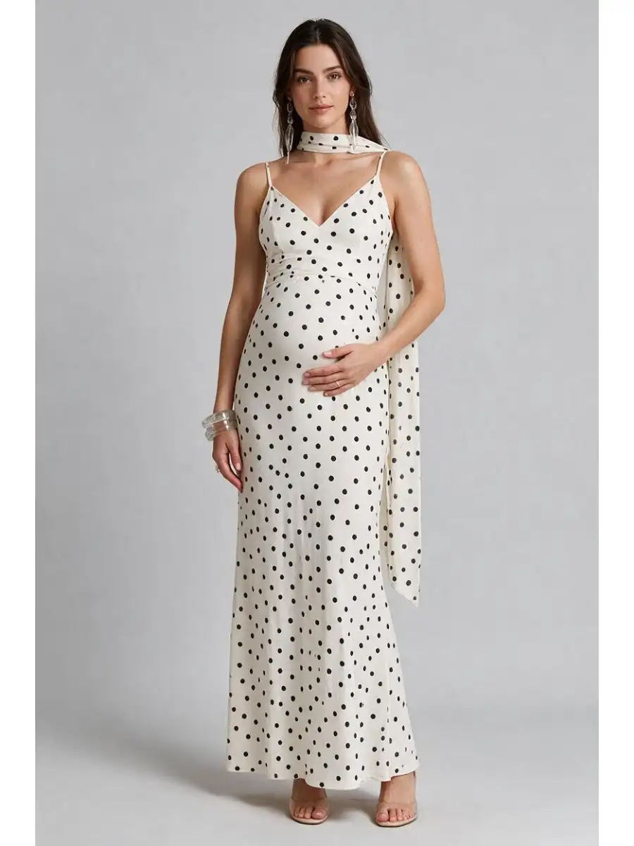 Ivory Polka Dot Milk Silk Maternity Dress For Baby Shower & Vacation YD260835