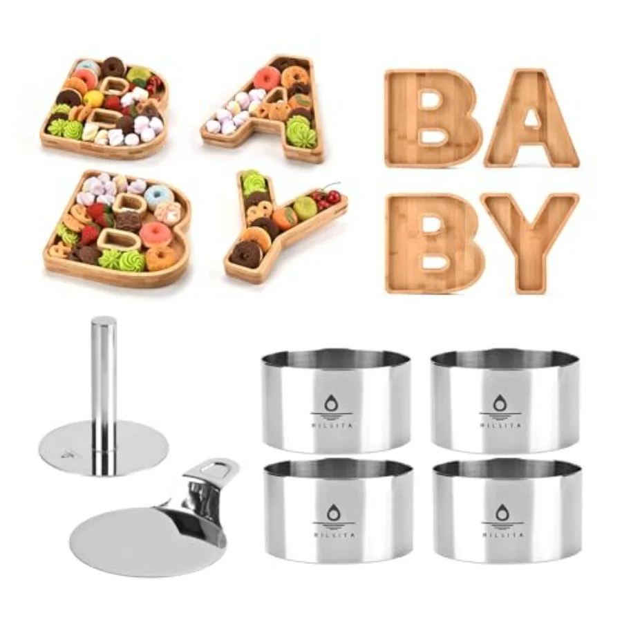 

6 Pcs 4 inch Cake Ring Molds with Pusher & Lifter + Wooden Baby Serving Tray Set