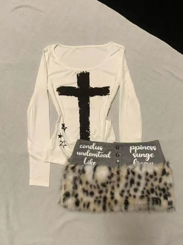 

American Style Vintage 2 Piece Set Spicy Girls 2000s Y2k Subculture Suit Casual Tops + Low Waist Leopard Print Mini Skirt Chic