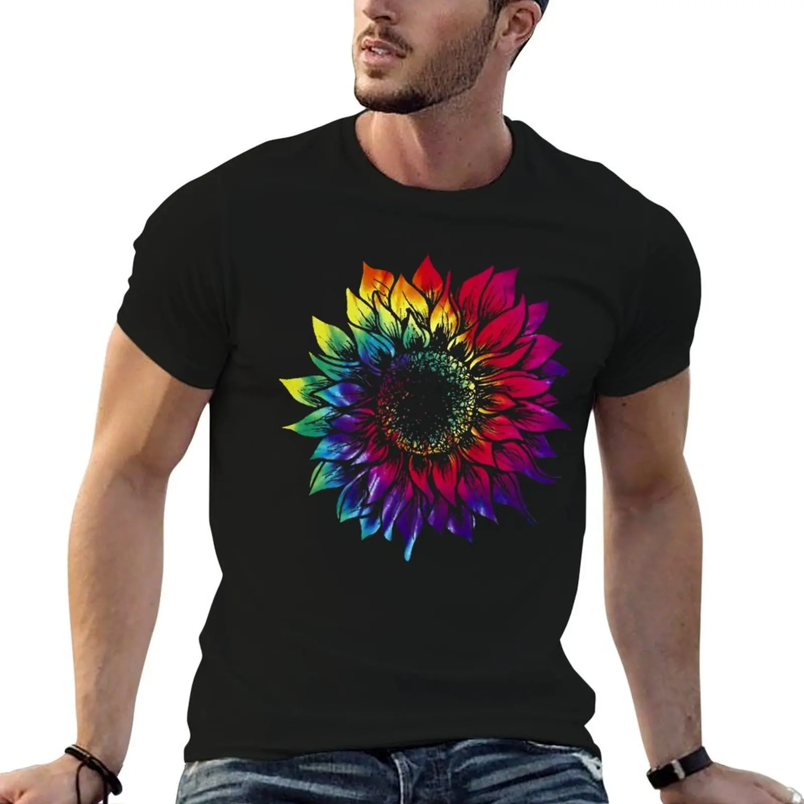 Camiseta Feminina Preta Tie Dye Retrô com Estampa de Girassol, Algodão, Tamanhos S-5XL (1), Camiseta Esportiva com Tecnologia de Absorção de Umidade