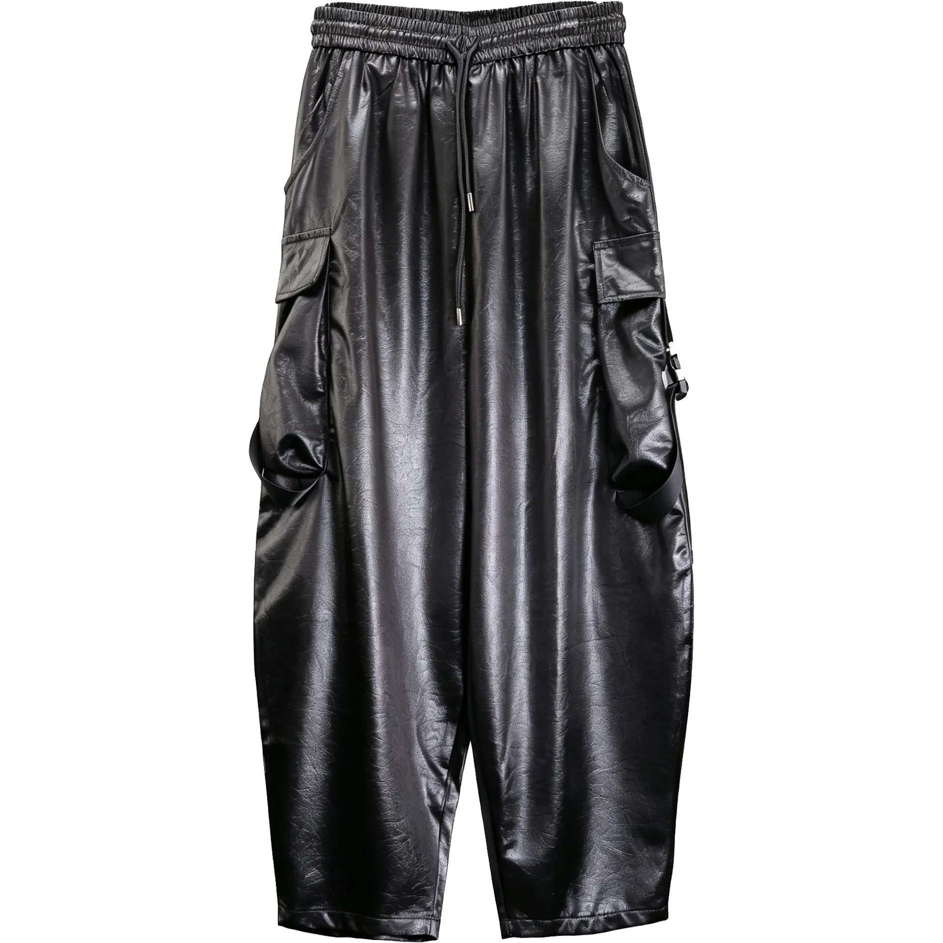 Designer Techwear Large Pocket Glossy Dark Pattern PU Leather Pants Dark Loose Large Size Skinny Casual Pants Overalls