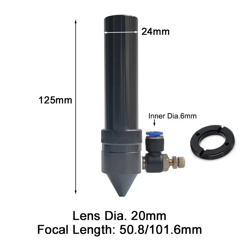 Tubo de lente de cabeza láser CO2, diámetro exterior de 24mm + boquilla de aire para lente Dia.20 FL 50,8/63,5/101,6mm para máquina de corte láser CO2