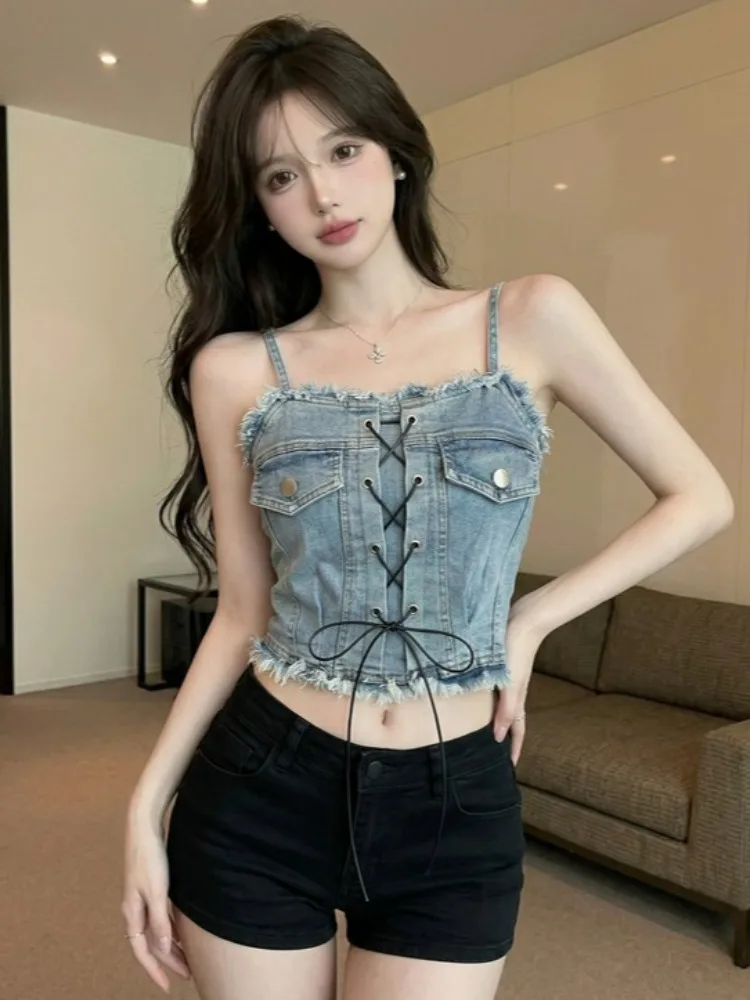 

Retro American Denim Sleeveless Cross Belted Short Outerwear for Girls Skin-friendly Breathable Summer Citywalk Top