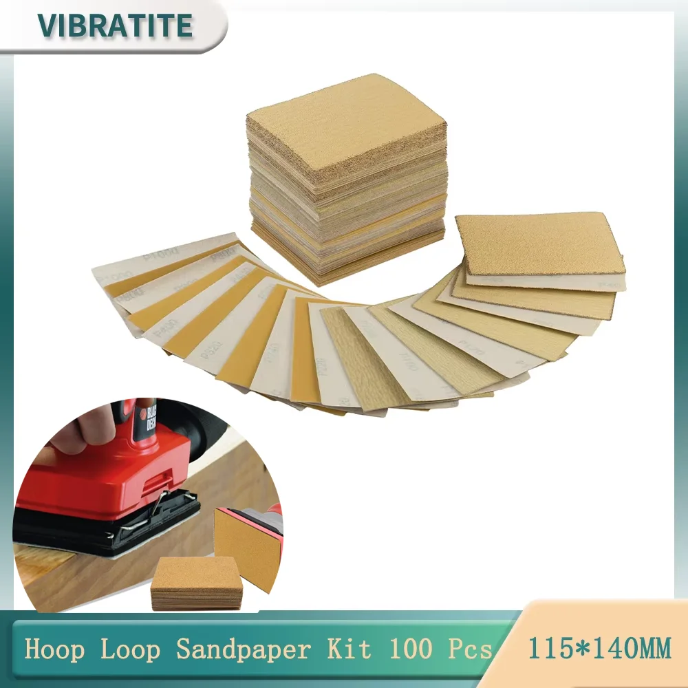 

115*140MM Gold Hoop & Loop Sanding Paper Kit 100 Pcs Assorted 40-1000 Grit Sandpaper for Palm Sander for Woodworking Automotive