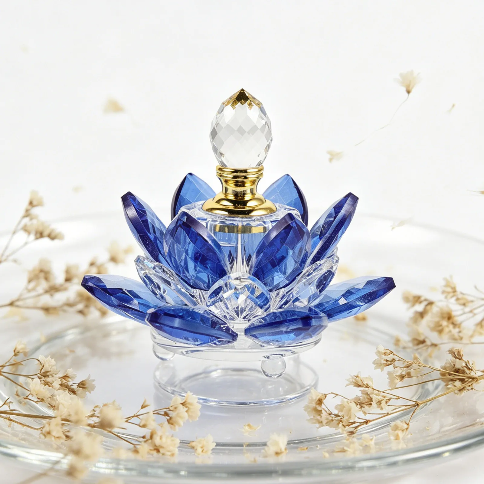 Crystal Lotus Flower Perfume Bottle Refillable for Vanity Bedroom Aromatherapy Dropper Essential Oil Dispenser Blue Decorative