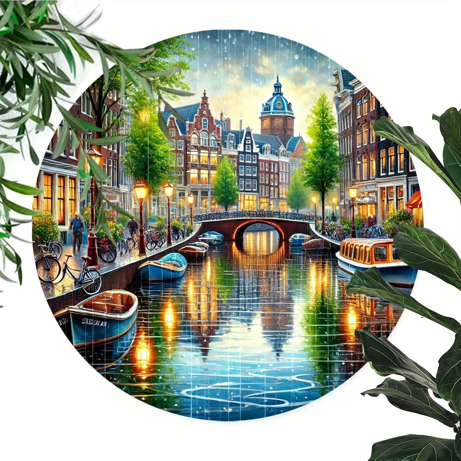 2D Flat, 1pc Amsterdam Canal Round Wall Art - 20.32x20.32 cm Metal Iron Sign with Vibrant 2D Flat Print, Pre-Drilled Holes for E