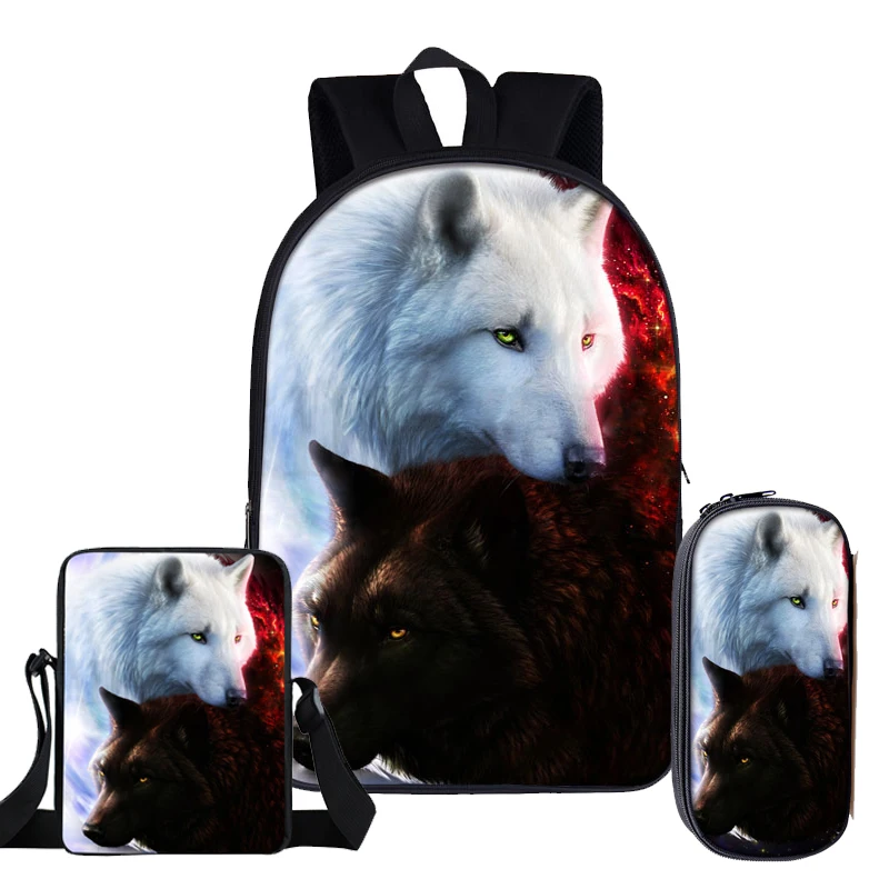 Classic Moon And howling Wolf 3D Print 3pcs/Set pupil School Bags Laptop Daypack Backpack Inclined shoulder bag Pencil Case