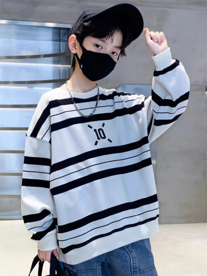 Boys Striped Fashion Sweatshirts 2024 New Children\'s Clothing Trends Big Kids Spring Autumn Hoodies Teenager Casual Pullovers