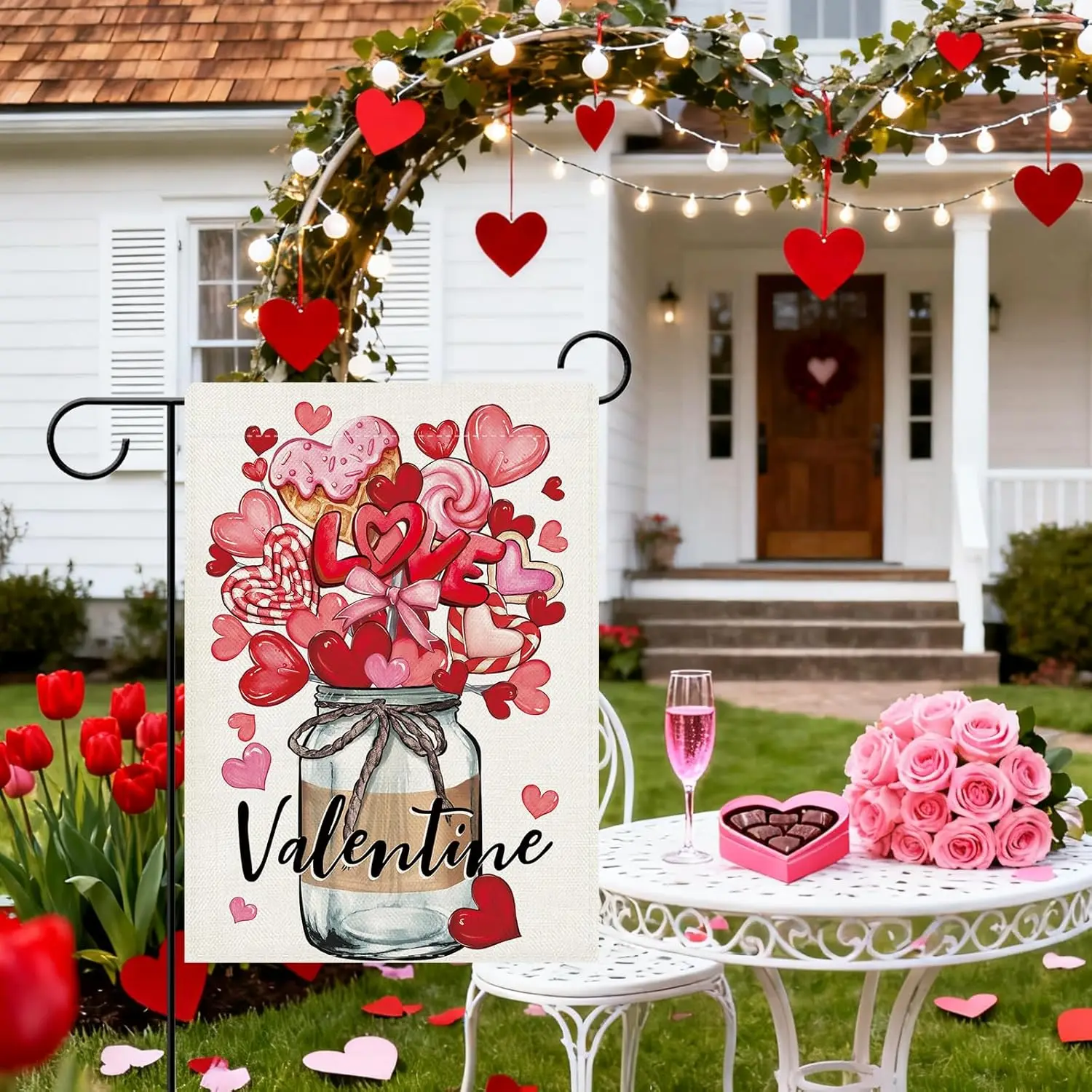 Dyrenson Valentines Day Candy Decorative Garden Flag, Red Pink Love Hearts Dessert Mason Jar Yard Outside Home Decoration, A PPM