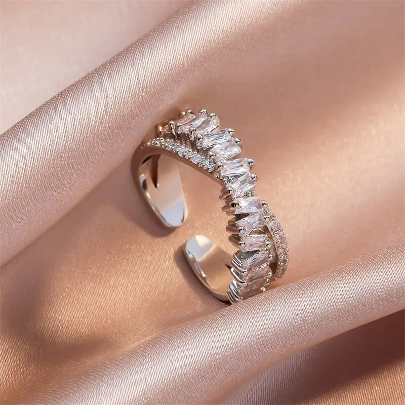 Luxury Zircon Shiny Chic Resizable Double Student Opening Rings for Woman Gothic Finger Jewelry Wedding Party