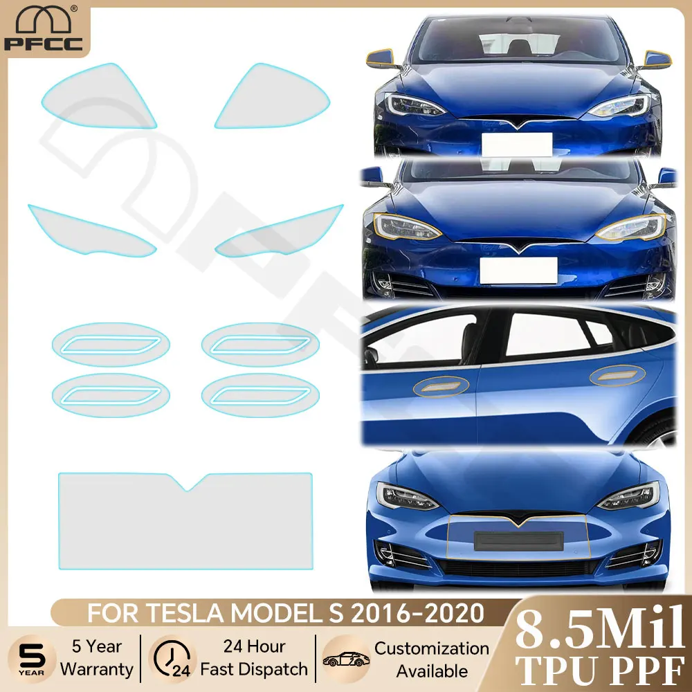 

For Tesla Model S 2016-2020 8.5Mil TPU PPF Clear Bra Headlight Rearview Door Handle Protective Film Anti-Scratch Resistant Kit