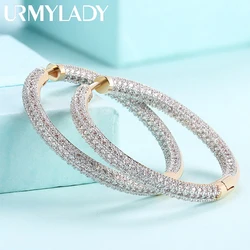 URMYLADY 925 Sterling Silver 34mm Circle 24K Gold Shiny Zircon Earrings For Women Wedding Party Fashion Charm Jewelry
