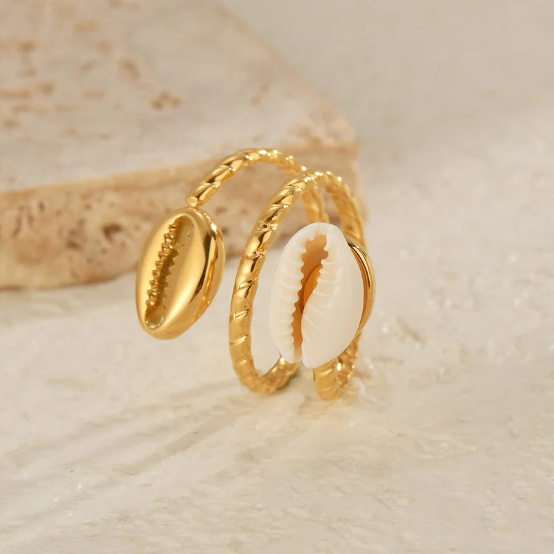 2024 New Fashion Asymmetrical Shell Ocean Style Open Wrap Ring For Women Gold Color Stainless Steel Jewelry Gifts Waterproof