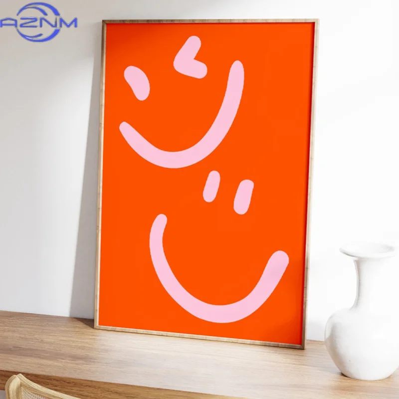 Póster AZNM con Cara Sonriente Rosa, Impresiones Preppy Naranjas, Arte Mural Divertido, Pintura en Lienzo Estilo Preppy Universitario, Decoración Indie para Habitación