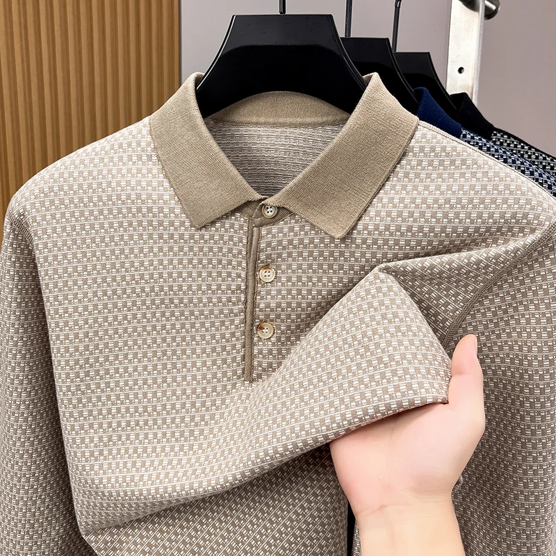 100% pure cotton high-end men's sweater fashion checkered printing design comfort lapel luxurious new casual knitted pullover