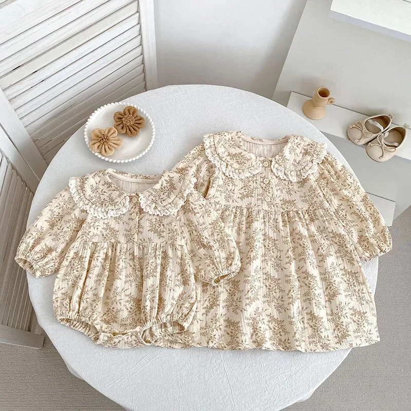 2026 New Autumn Sister Dress Kids Princess Dresses Long Sleeved Cotton Print Romper Children Clothes 2-6Yrs Girl Party Dress