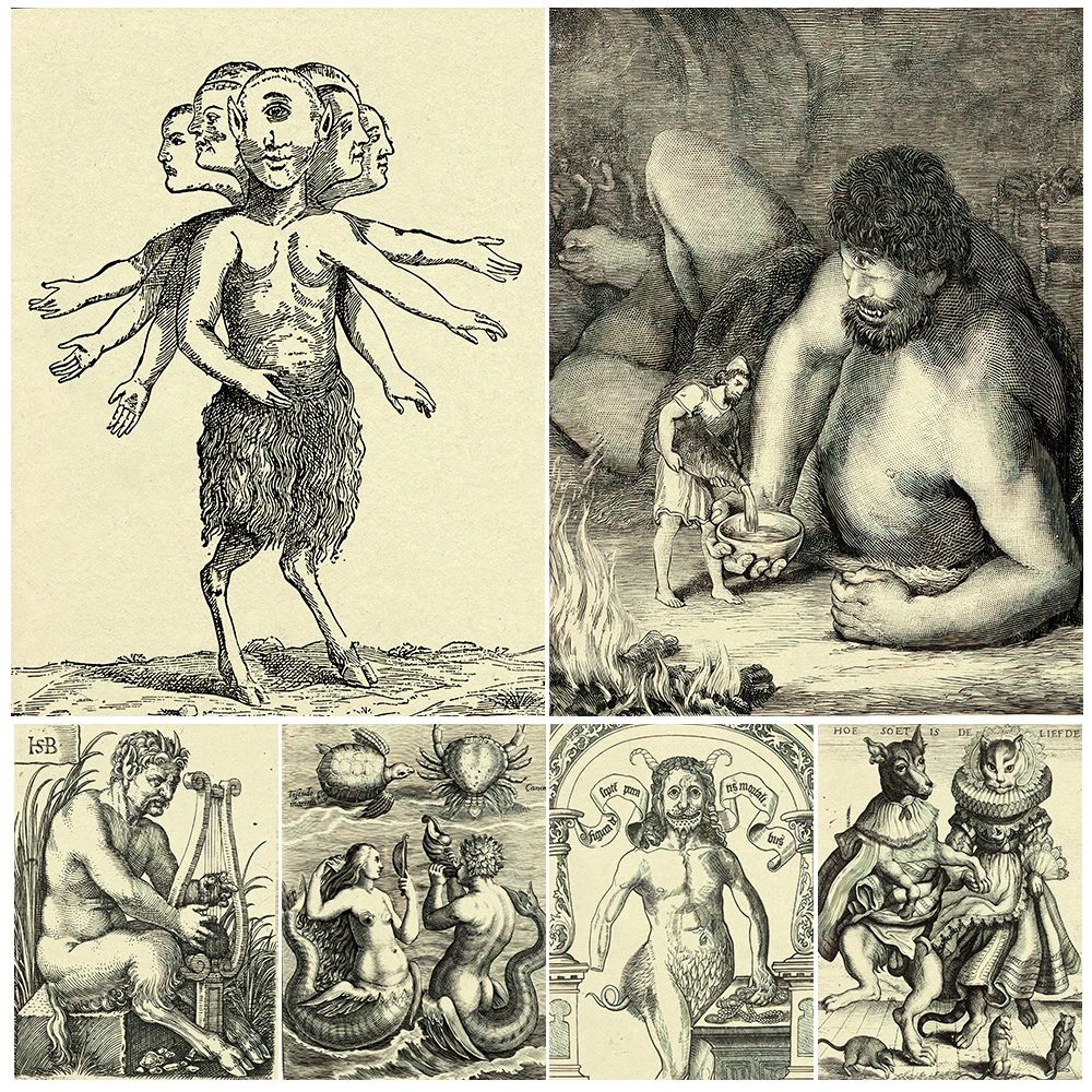 Cyclopes,Satyr,Mermaid,Half Man Half Bird Eagle Vintage Wall Art Canvas Painting Fantastic Monster Art Poster Print Home Decor