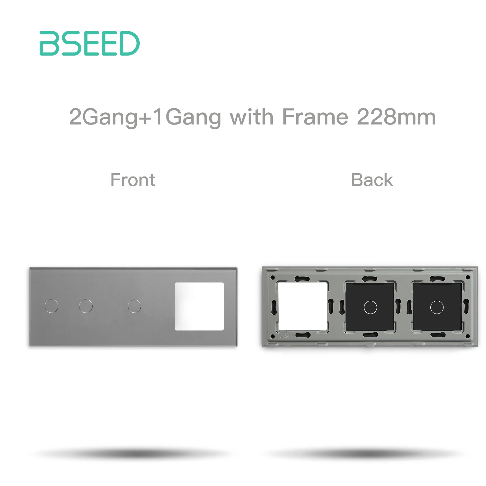 BSEED Doppelter 1/2/3Gang-Touch-Schalter, Glasscheibe mit leerem Steckdosenrahmen, Ersatzteil, kein Schalter auf der Rückseite, EU-Standard, 228 mm