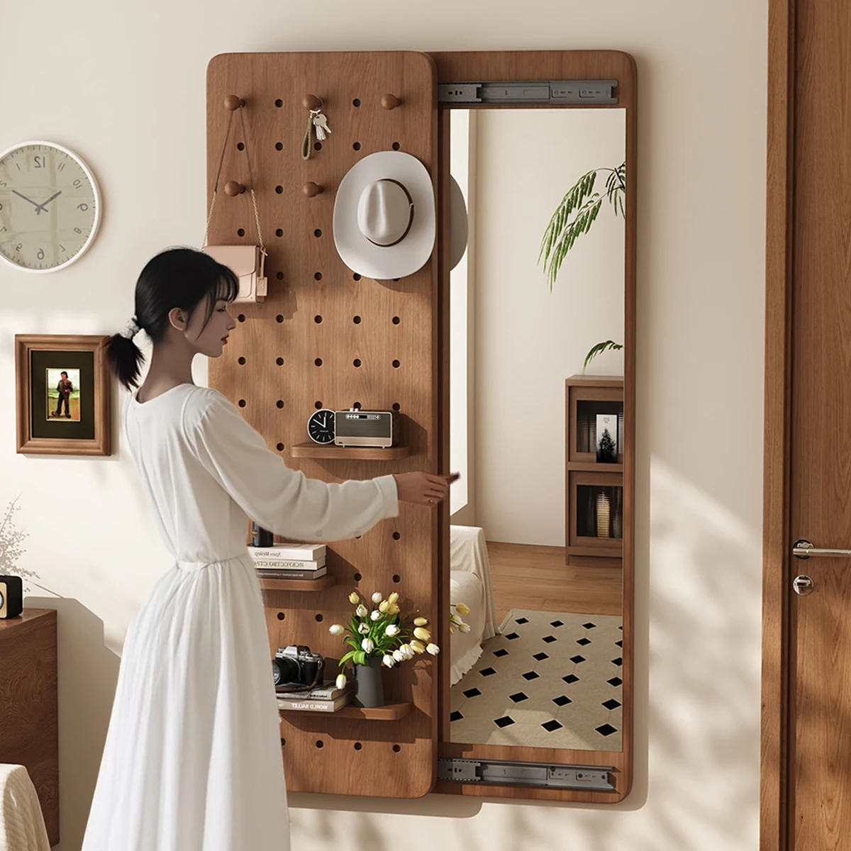 Perforated board dressing mirror hidden wall sliding full-length mirror