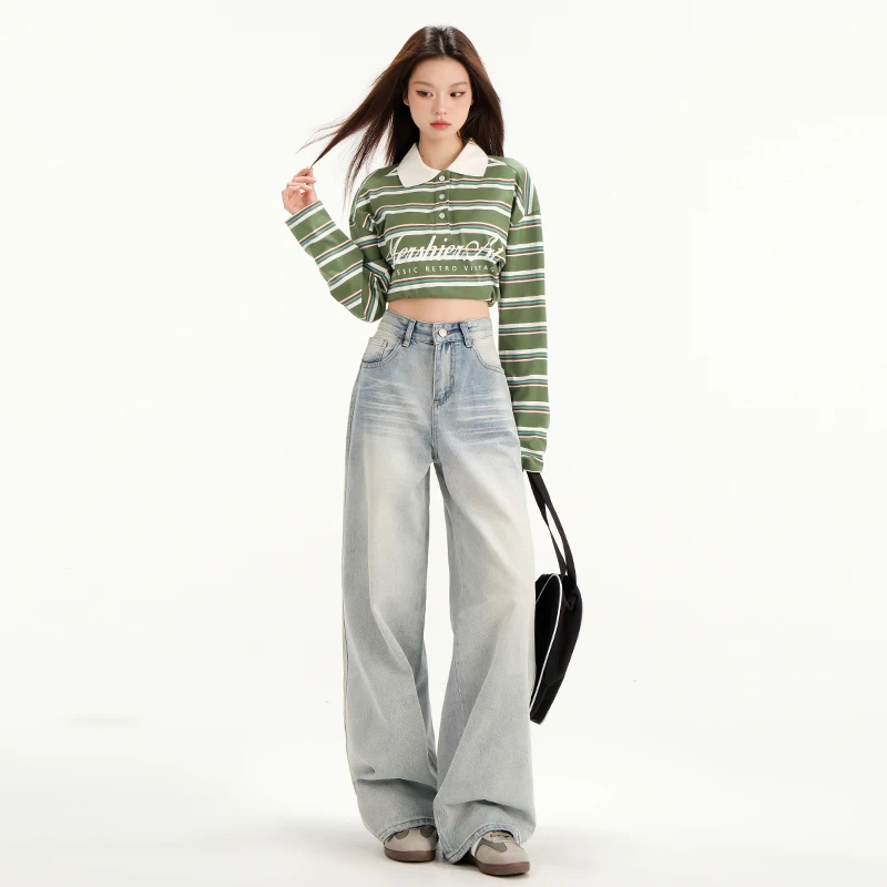 

Street-style distressed washed ripped scratched faded loose wide-leg jeans for women