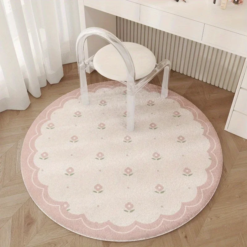 Round Pink Floral Decorative Rug - Soft Area Carpet for Living Room, Bedroom Chair, Dressing Table, Indoor Spaces Floor Mat
