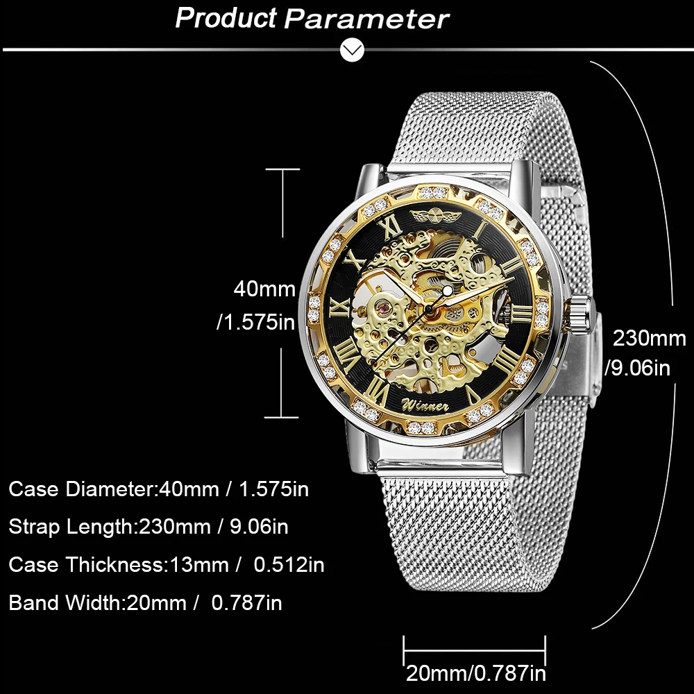 T-WINNER كلاسيكي فضي الأرقام الرومانية الرجال النقش الهيكل العظمي ساعة ميكانيكية مؤشرات مضيئة شبكة مرصعة بأحجار الراين الفرقة رجل ساعة